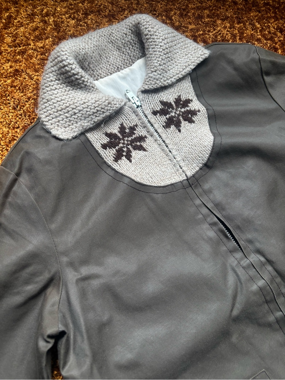 Kids Charcoal Leather look handmade coat with Knit Collar